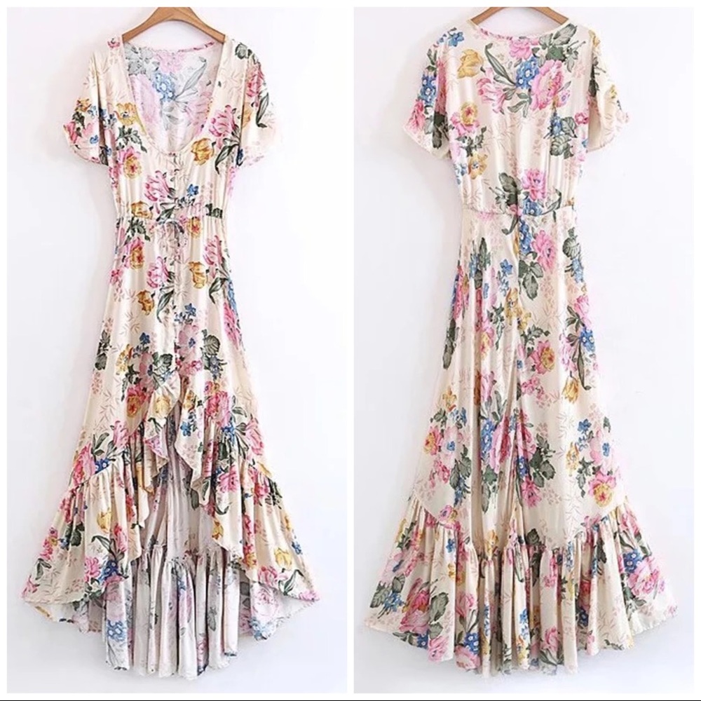 🌸 BOHEMIAN DRESS FLORAL MAXI HILO SWALLOWTAIL BOHO CHIC RUFFLE LONG BUTTON DOWN - Picture 16 of 16